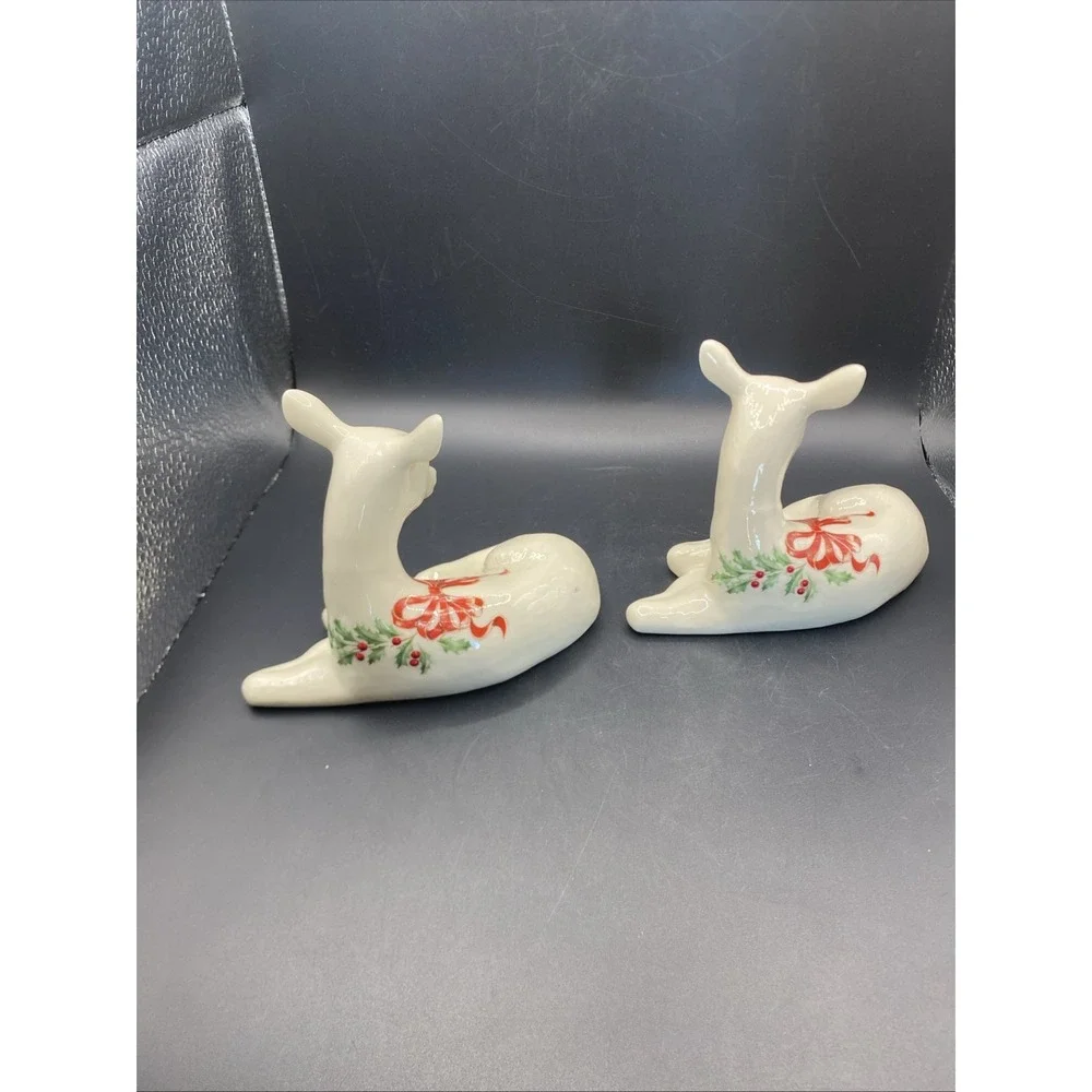 Pair Of Lenox Holiday Deer China Jewels Collection Vintage 1993 Holly BerriesHTF